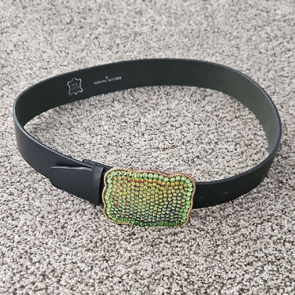 Black Leather Belt with Green Embellished Buckle